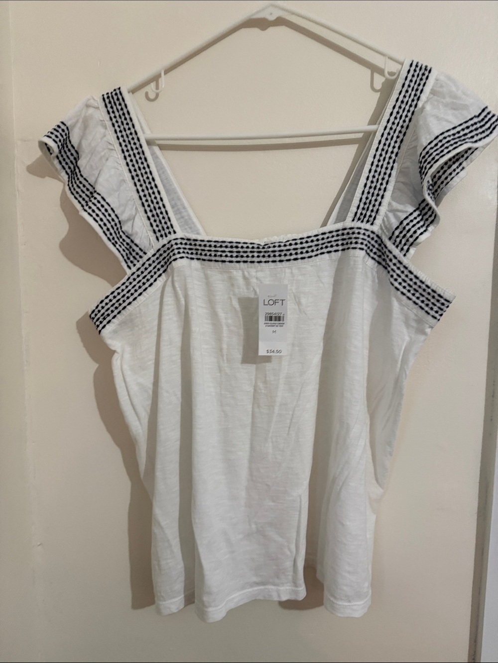 LOFT White Tank Top with Black Embroidered Trim